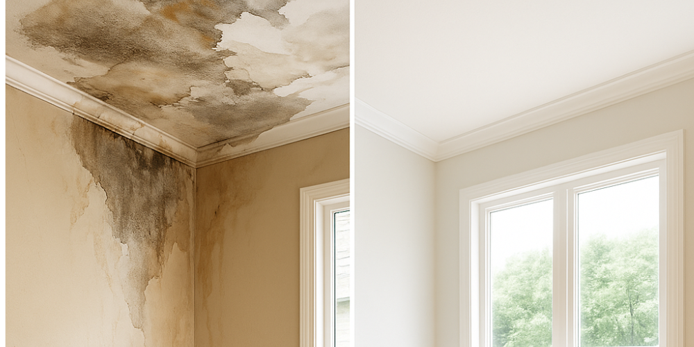 صورة توضح قبل وبعد أعمال ترميم شاملة لأحد المباني، تظهر الفرق الواضح بين حالة المبنى المتدهورة وحالته الجديدة بعد الترميم.