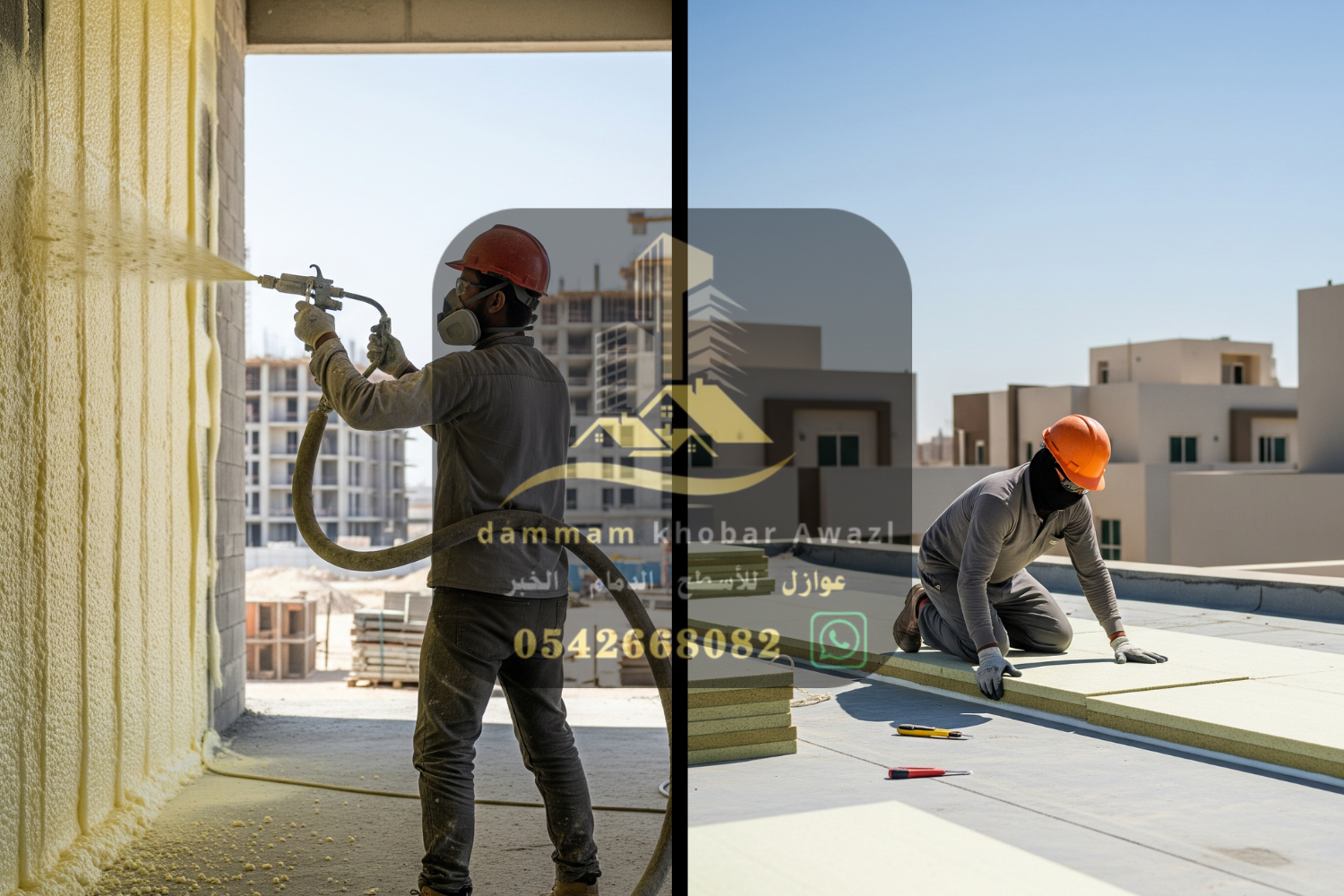 صورة عبارة عن قسمان الايمن لعزل الاسطح بالفوم الحرارى والقسم الايسر لعزل الجدران