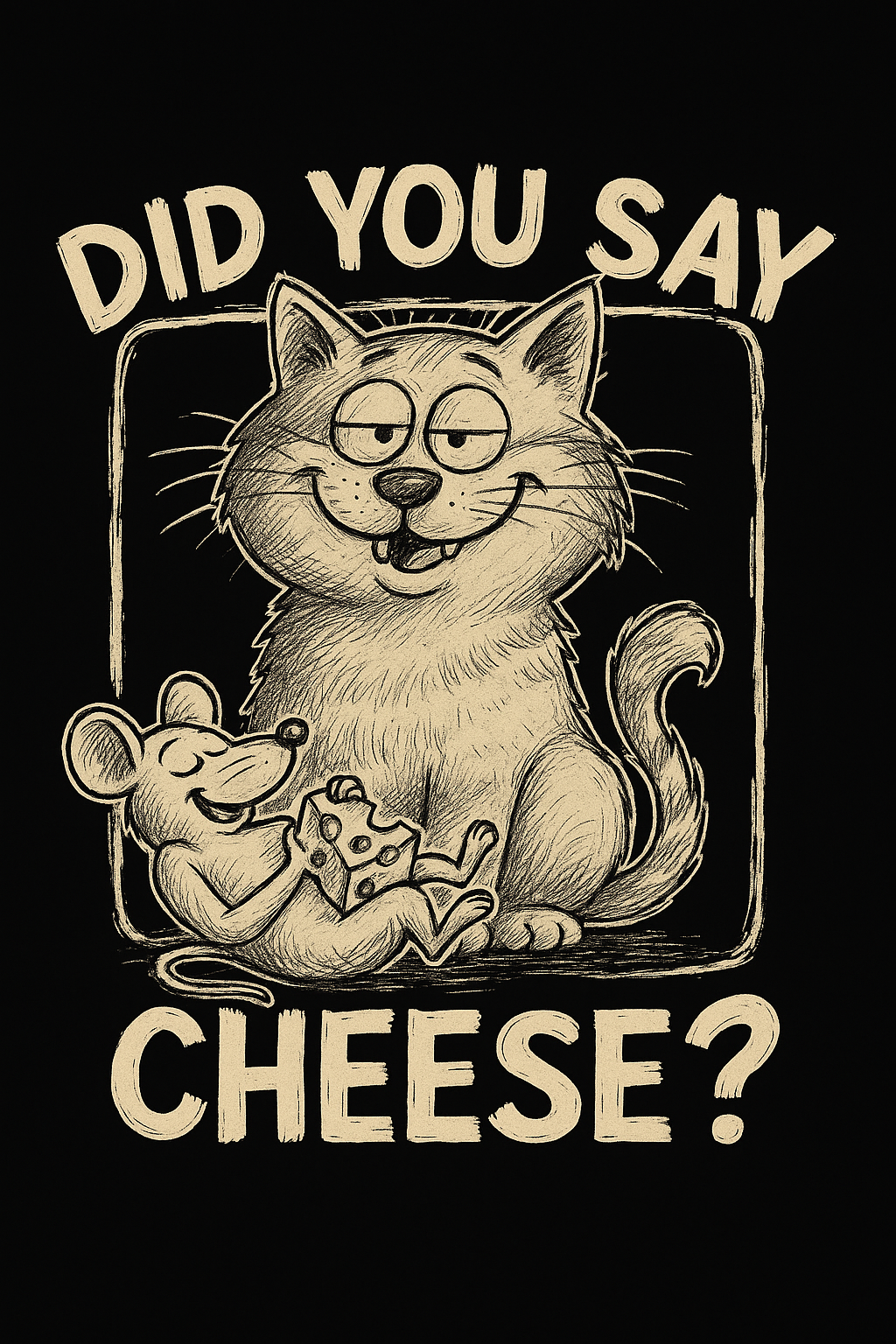 Lazy Cat and Clever Mouse Funny Pencil Sketch T-Shirt